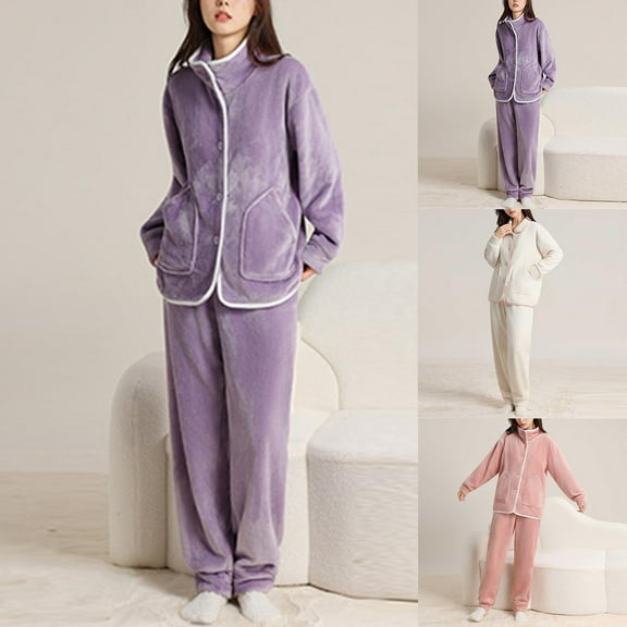 QLEICOM Womens Pajama Sets,Pajamas for Women Set,Women's Flannel Long-Sleeve Button Front Shirt and Pant Pajama Set