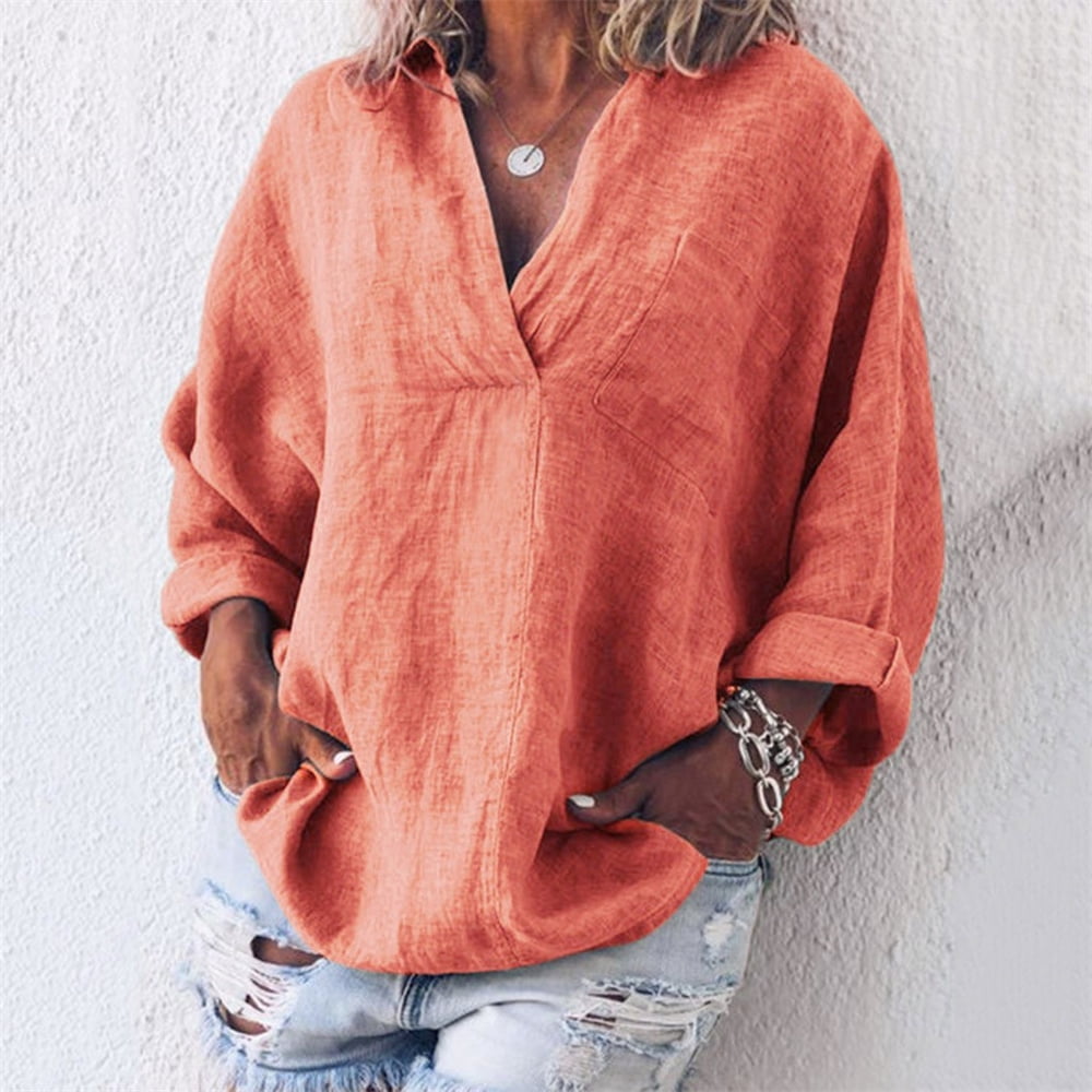 Womens Plus Size Summer Tops, Casual Kaftan Loose Tops, Fashion Solid Cotton And Linen T Shirts, O-Neck Long Sleeve Baggy Pullover Tops Cardigan Blouse Orange XXL