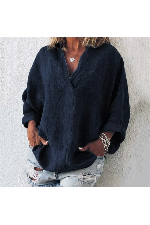 Womens Plus Size Summer Tops, Casual Kaftan Loose Tops, Fashion Solid Cotton And Linen T Shirts, O-Neck Long Sleeve Baggy Pullover Tops Cardigan Blouse Navy XXL