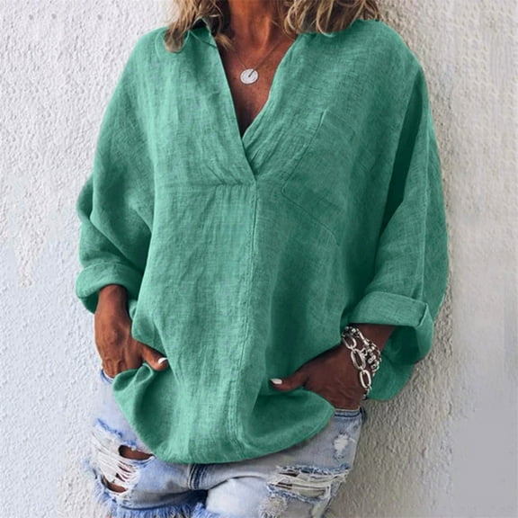 QLEICOM Womens Plus Size Summer Tops, Casual Kaftan Loose Tops, Fashion Solid Cotton And Linen T Shirts, O-Neck Long Sleeve Baggy Pullover Tops Cardigan Blouse Green 3XL