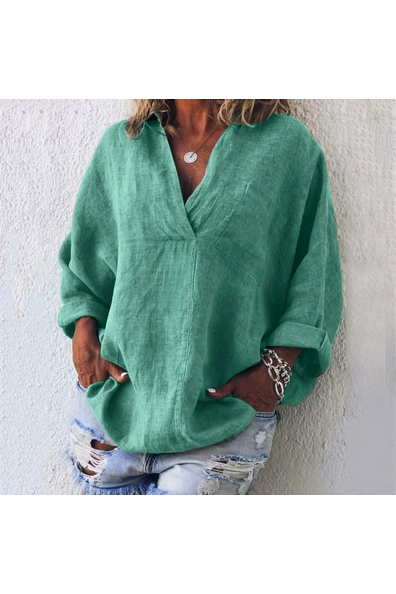Womens Plus Size Summer Tops, Casual Kaftan Loose Tops, Fashion Solid Cotton And Linen T Shirts, O-Neck Long Sleeve Baggy Pullover Tops Cardigan Blouse Green 3XL