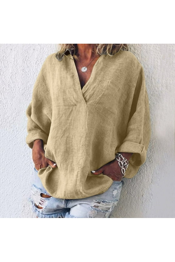 Womens Plus Size Summer Tops, Casual Kaftan Loose Tops, Fashion Solid Cotton And Linen T Shirts, O-Neck Long Sleeve Baggy Pullover Tops Cardigan Blouse