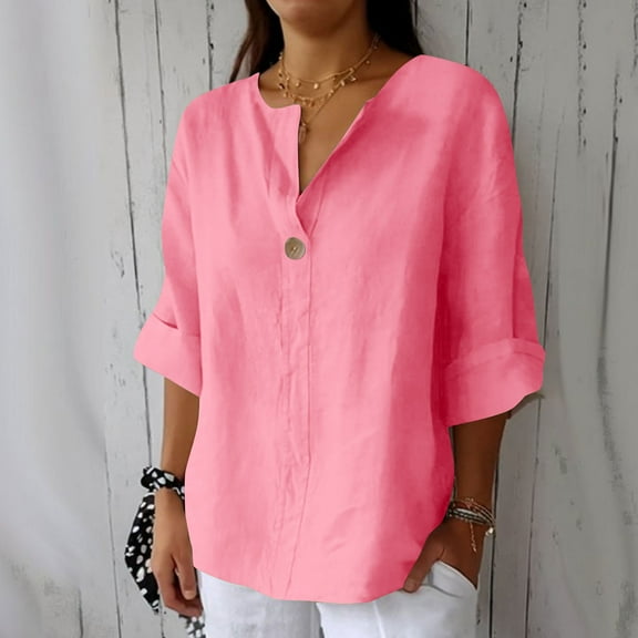 QLEICOM Womens Plus Size Summer Tops, Casual Kaftan Loose Tops, Fashion Solid Cotton And Linen T Shirts, V-Neck 3/4 Sleeve Baggy Pullover Tops Cardigan Blouse