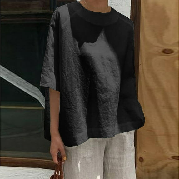 QLEICOM Womens Plus Size Summer Tops, Casual Loose Tops, Fashion Soild Cotton And Linen Patchwork T Shirts, O-Neck Short Sleeve Fitting Tops Cardigan Blouse Black L