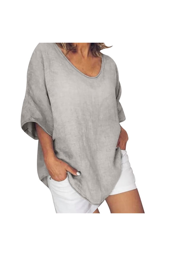 Womens Plus Size Summer Tops, Casual Loose Tops, Fashion Solid Cotton And Linen T Shirts, O-Neck Short Sleeve Fitting Pullover Tops Cardigan Blouse Khaki M