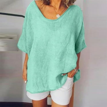 QLEICOM Womens Plus Size Summer Tops, Casual Loose Tops, Fashion Solid Cotton And Linen T Shirts, O-Neck Short Sleeve Fitting Pullover Tops Cardigan Blouse Green XXL