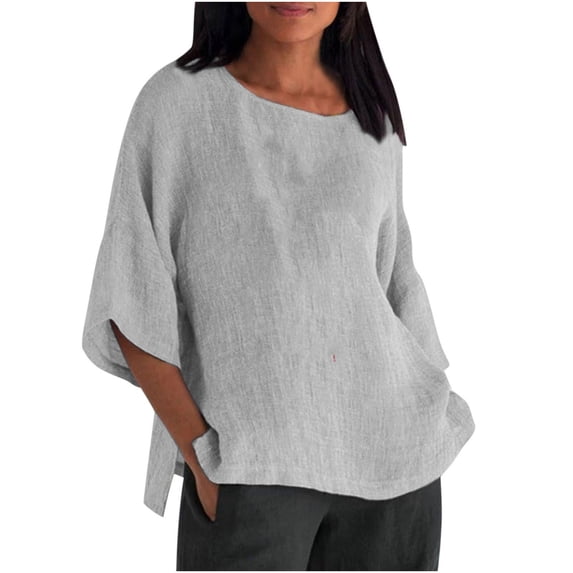 QLEICOM Womens Plus Size Tops 3/4 Sleeve O Neck Casual Loose Cotton Linen Basic Plain T-Shirts Spring Summer Womens Basic Tunic Tops Pullover Blouses Tees Shirts Light Gray XXL, US Size:14
