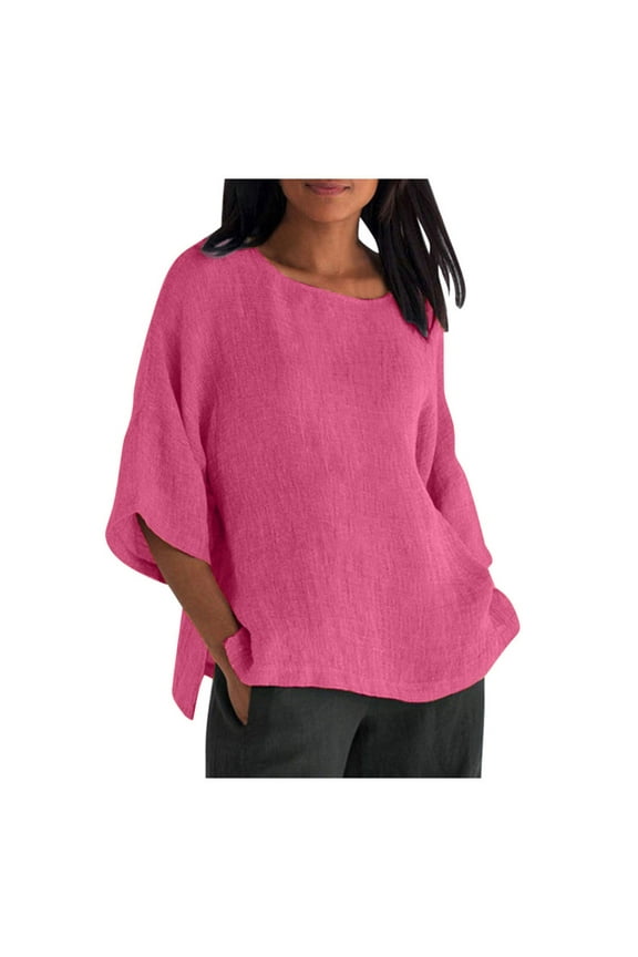 Womens Plus Size Tops 3/4 Sleeve O Neck Casual Loose Cotton Linen Basic Plain T-Shirts Spring Summer Womens Basic Tunic Tops Pullover Blouses Tees Shirts Hot Pink 5XL, US Size:18