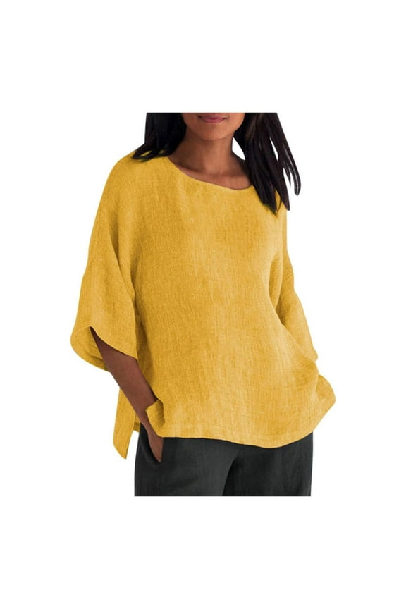 Womens Plus Size Tops 3/4 Sleeve O Neck Casual Loose Cotton Linen Basic Plain T-Shirts Spring Summer Womens Basic Tunic Tops Pullover Blouses Tees Shirts Yellow S, US Size:4