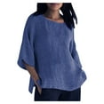 thumbnail image 1 of QLEICOM Womens Plus Size Tops 3/4 Sleeve O Neck Casual Loose Cotton Linen Basic Plain T-Shirts Spring Summer Womens Basic Tunic Tops Pullover Blouses Tees Shirts Blue M, US Size:6, 1 of 5