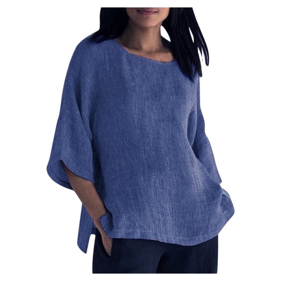 QLEICOM Womens Plus Size Tops 3/4 Sleeve O Neck Casual Loose Cotton Linen Basic Plain T-Shirts Spring Summer Womens Basic Tunic Tops Pullover Blouses Tees Shirts Blue M, US Size:6