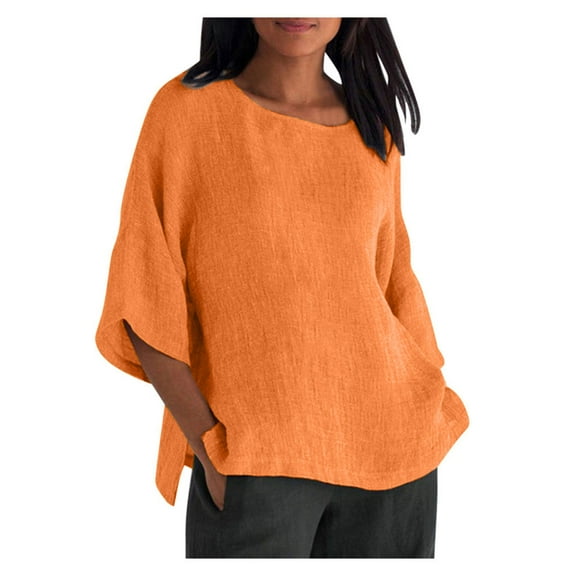QLEICOM Womens Plus Size Tops 3/4 Sleeve O Neck Casual Loose Cotton Linen Basic Plain T-Shirts Spring Summer Womens Basic Tunic Tops Pullover Blouses Tees Shirts Orange 4XL, US Size:16