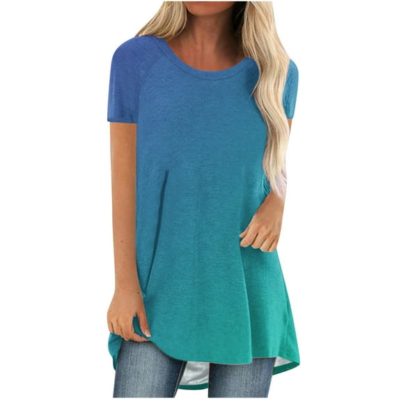 QLEICOM Womens Plus Size Tops Gradient Color Short Sleeve Summer T-Shirts Curved Hem Casual Fashion Shirts Blue B M, US Size:6