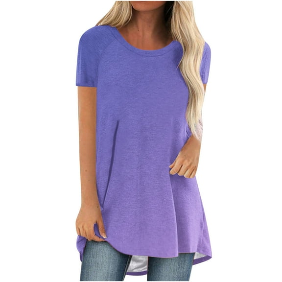 QLEICOM Womens Plus Size Tops Gradient Color Short Sleeve Summer T-Shirts Curved Hem Casual Fashion Shirts Purple B S, US Size:4