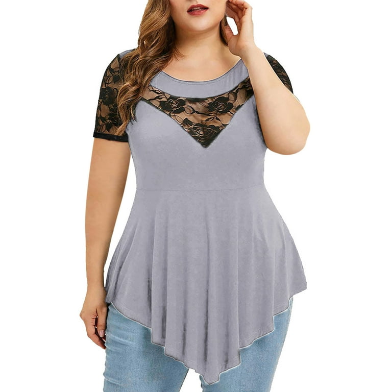QLEICOM Womens Plus Size Tops O-Neck Asymmetric Short Sleeve Tunics Lace  Blouse Shirts for Summer Casual Gray M, US Size:10 