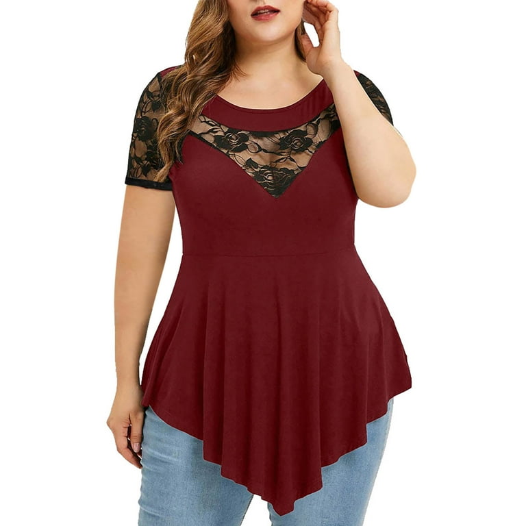 QLEICOM Womens Plus Size Tops O-Neck Asymmetric Short Sleeve Tunics Lace  Blouse Shirts for Summer Casual Wine M, US Size:10 