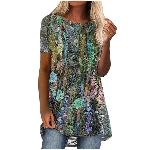 QLEICOM Womens Plus Size Tops Retro Print Short Sleeve Summer T-Shirts Curved Hem Casual Fashion Tunic Tops Green B L, US Size:8