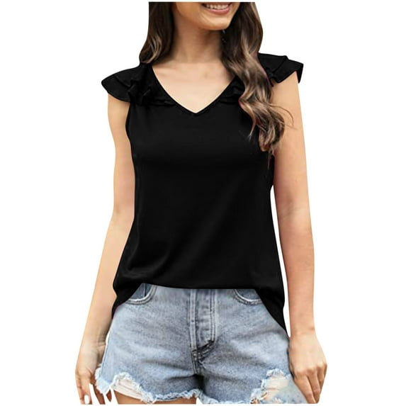 QLEICOM Womens Ruffle Sleeve Tank Tops Vneck Loose Fit Tunic Side Split Tshirt Casual Blouses Basic Cami Top Slim Vest Blouse Black L, US Size 8