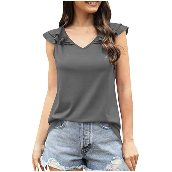 QLEICOM Womens Ruffle Sleeve Tank Tops Vneck Loose Fit Tunic Side Split Tshirt Casual Blouses Basic Cami Top Slim Vest Blouse Gray XL, US Size 10