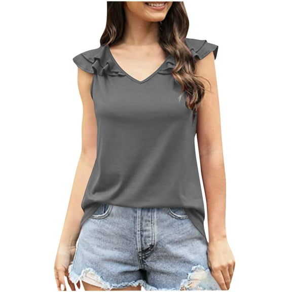 QLEICOM Womens Ruffle Sleeve Tank Tops Vneck Loose Fit Tunic Side Split Tshirt Casual Blouses Basic Cami Top Slim Vest Blouse Gray XL, US Size 10