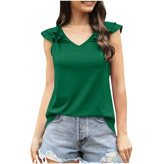 QLEICOM Womens Ruffle Sleeve Tank Tops Vneck Loose Fit Tunic Side Split Tshirt Casual Blouses Basic Cami Top Slim Vest Blouse Green L, US Size 8
