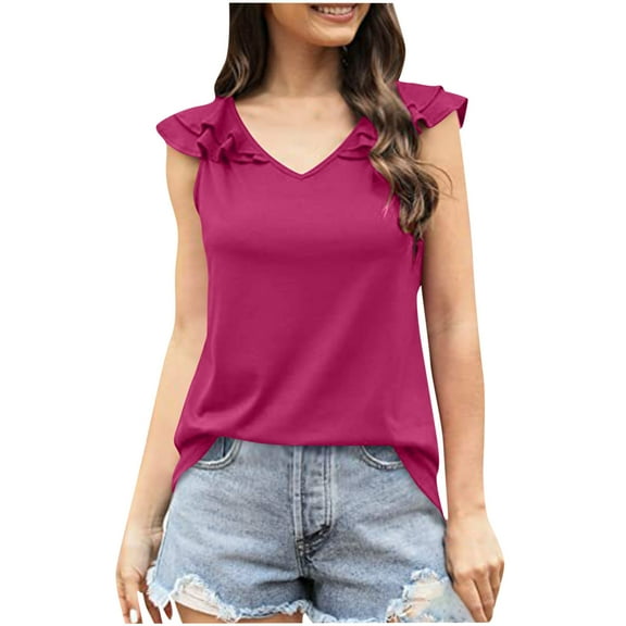 QLEICOM Womens Ruffle Sleeve Tank Tops Vneck Loose Fit Tunic Side Split Tshirt Casual Blouses Basic Cami Top Slim Vest Blouse Pink XXL, US Size 12