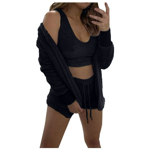 QLEICOM Womens Sexy Fuzzy 3 Piece Outfits Fleece Warm Hooded Cardigan Crop Top Shorts Set Pajamas Loungewear Black M, US Size 6
