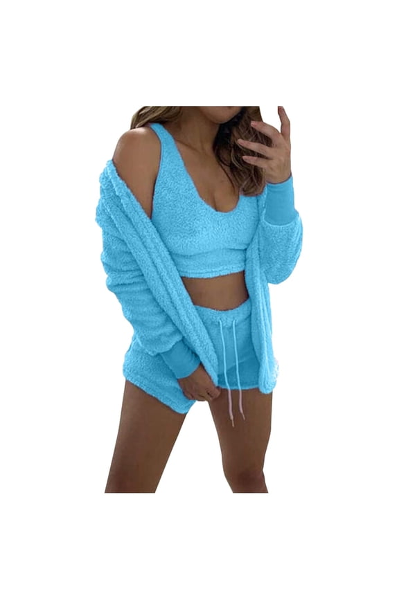Womens Sexy Fuzzy 3 Piece Outfits Fleece Warm Hooded Cardigan Crop Top Shorts Set Pajamas Loungewear Light Blue L, US Size 8