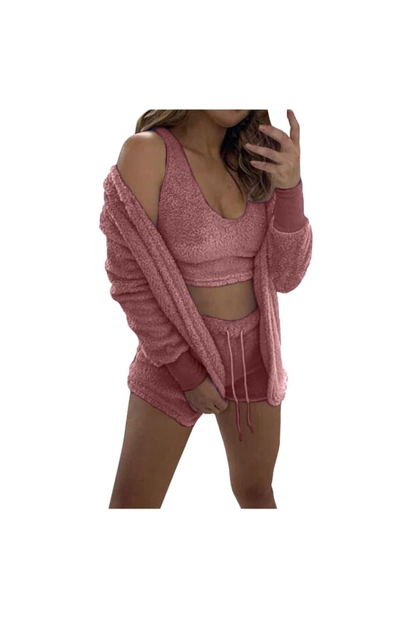 Womens Sexy Fuzzy 3 Piece Outfits Fleece Warm Hooded Cardigan Crop Top Shorts Set Pajamas Loungewear Pink L, US Size 8