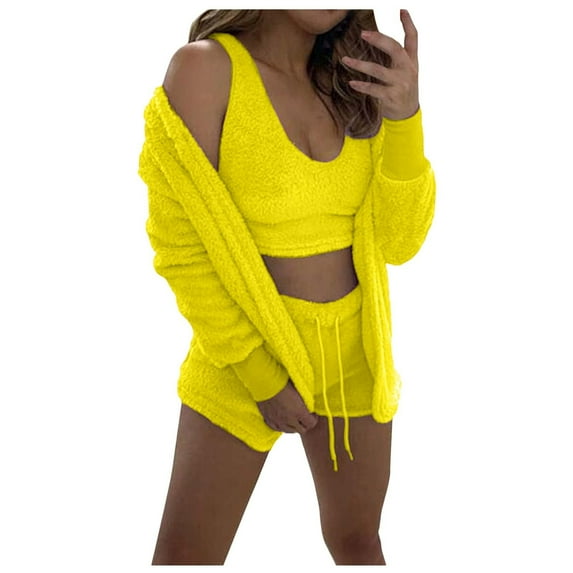 QLEICOM Womens Sexy Fuzzy 3 Piece Outfits Fleece Warm Hooded Cardigan Crop Top Shorts Set Pajamas Loungewear Yellow L, US Size 8