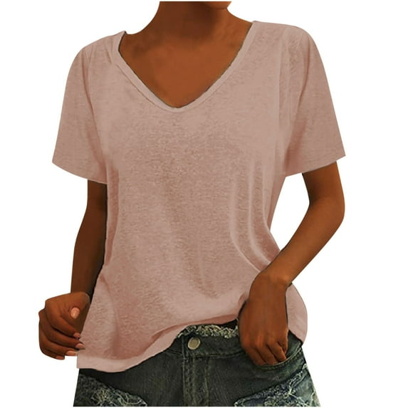 QLEICOM Womens Short Sleeve Big U-Neck Tops Loose Fit Shirts Summer Casual Solid Color T-Shirt Blouse Pink S, US Size:4
