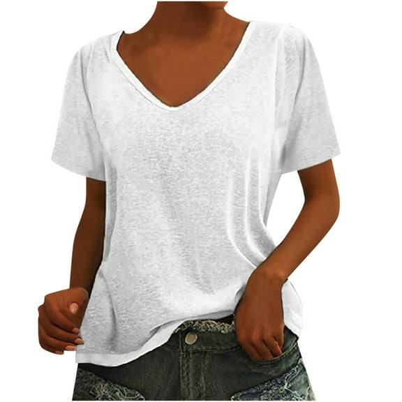 QLEICOM Womens Short Sleeve Big U-Neck Tops Loose Fit Shirts Summer Casual Solid Color T-Shirt Blouse White S, US Size:4