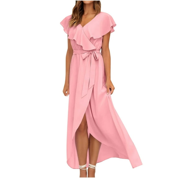 QLEICOM Womens Short Sleeve High Low V-Neck Flowy Party Long Maxi Dress Summer Bohemian Bandage Swing Long Dress Pink XL, US Size: 10