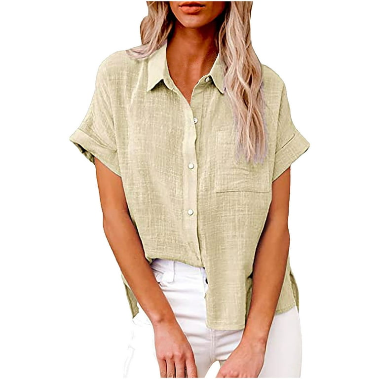 QLEICOM Womens Short Sleeve Shirts V Neck Collared Button Down Shirt Tops  Solid Loose Basic Shirts Business Shirt with Pockets Beige XL, US Size:10