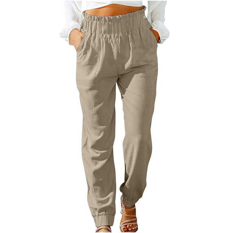 QLEICOM Womens Slacks Women's Relaxed Fit Straight Leg Pants Fashion Summer  Loose Cotton And Linen Pocket Solid Trousers Pants Work Cargo Casual Pants  Wide Leg Pants Relaxed Fit Trousers Khaki XL 
