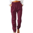 thumbnail image 1 of QLEICOM Womens Slacks Women's Relaxed Fit Straight Leg Pants Fashion Summer Loose Cotton And Linen Pocket Solid Trousers Pants Work Cargo Casual Pants Wide Leg Pants Relaxed Fit Trousers Wine XXXL, 1 of 6