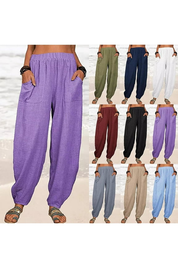 Womens Slacks Women's Relaxed Fit Straight Leg Pants Fashion Summer Loose Cotton And Linen Pocket Solid Trousers Pants Work Cargo Casual Pants Wide Leg Pants Relaxed Fit Trousers Purple L