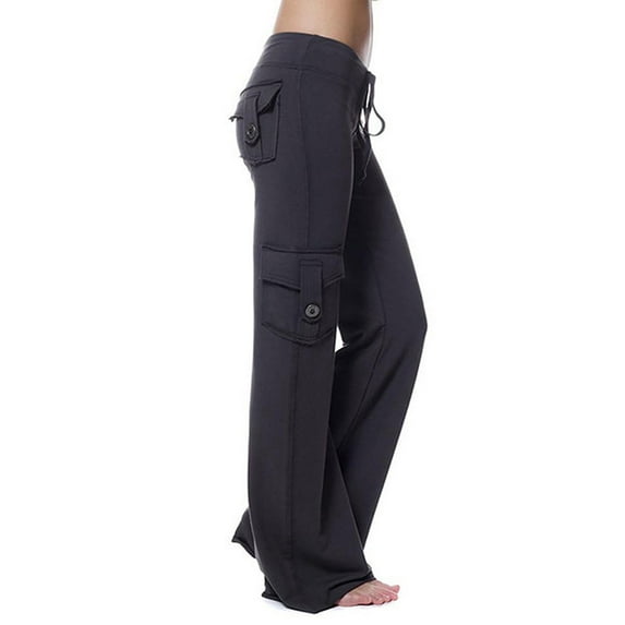 QLEICOM Womens Slacks Women's Wrinkle Free Relaxed Fit Straight Leg Pants Autumn Workout Out Leggings Stretch Waist Button Pocket Yoga Gym Loose Pants Wide Leg Pants Relaxed Fit Trousers Black M