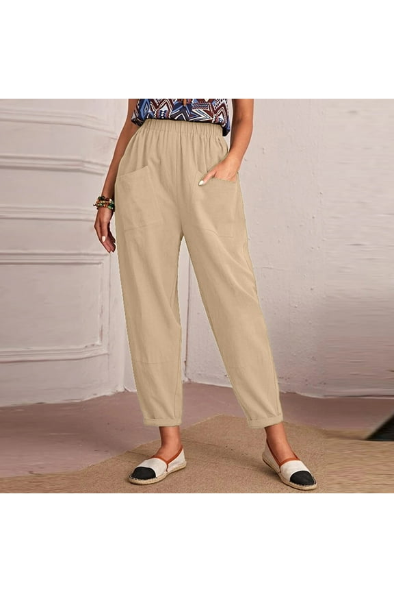 Womens Slacks Women's Wrinkle Free Relaxed Fit Straight Leg Pants Fashion Elastic Waist Pure Straight Leg Cotton Linen Cropped Pocket Trousers Wide Leg Pants Relaxed Fit Trousers Khaki XL