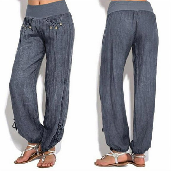 QLEICOM Womens Slacks Women's Wrinkle Free Relaxed Fit Straight Leg Pants Fashion Solid Buttons Loose Trouser Wide Leg Pants Work Cargo Casual Pants Wide Leg Pants Relaxed Fit Trousers Gray XXXL