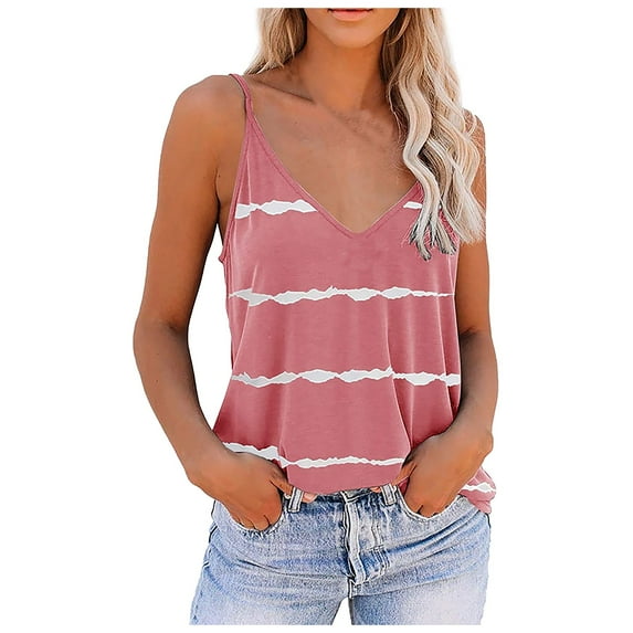 QLEICOM Womens Sling Shirts V-Neck Striped Print Summer Sleeveless Tank Casual Blouses Shirts Tops Pink XL, US Size 10