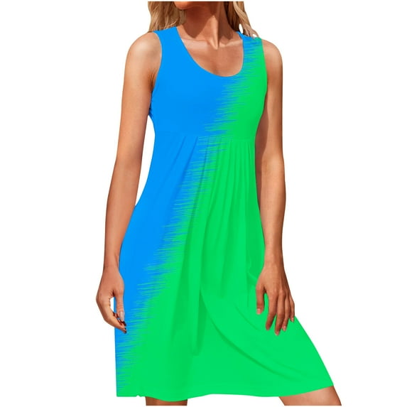 QLEICOM Womens Summer Color Block Print Sleeveless Sundress Casual Loose Swing T-Shirt Dress Tank Dress Green XXL, US Size:12
