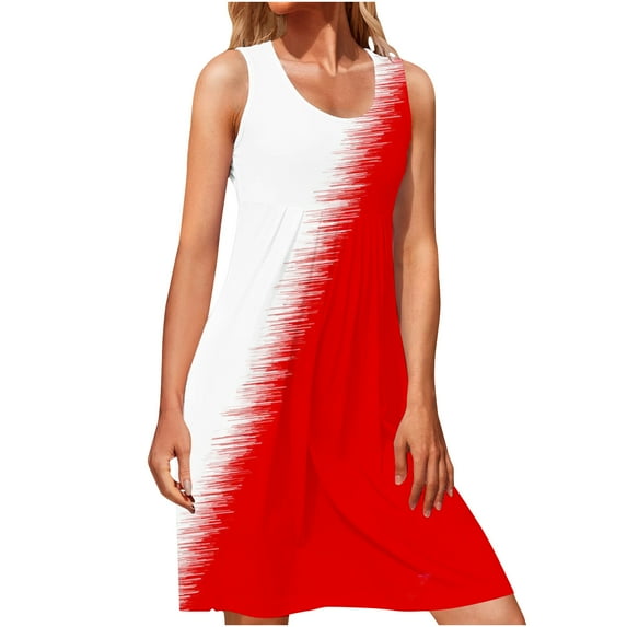 QLEICOM Womens Summer Color Block Print Sleeveless Sundress Casual Loose Swing T-Shirt Dress Tank Dress Red A XXL, US Size:12