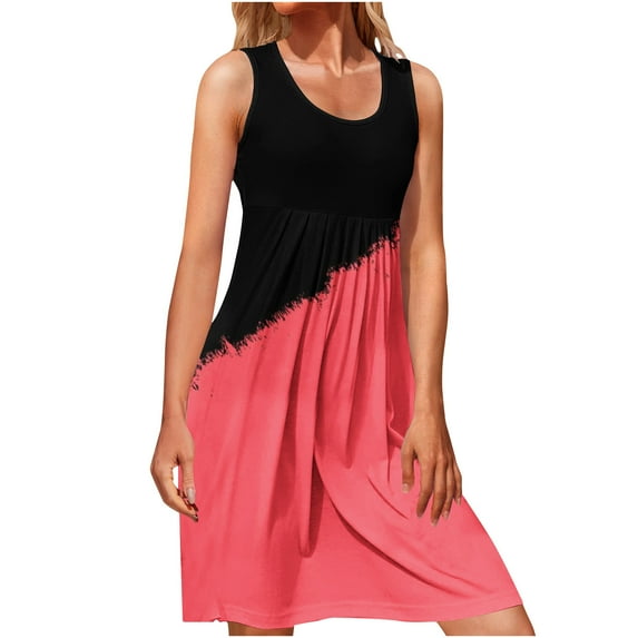 QLEICOM Womens Summer Color Block Print Sleeveless Sundress Casual Loose Swing T-Shirt Dress Tank Dress Red B S, US Size:4