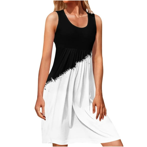 QLEICOM Womens Summer Color Block Print Sleeveless Sundress Casual Loose Swing T-Shirt Dress Tank Dress White A M, US Size:6