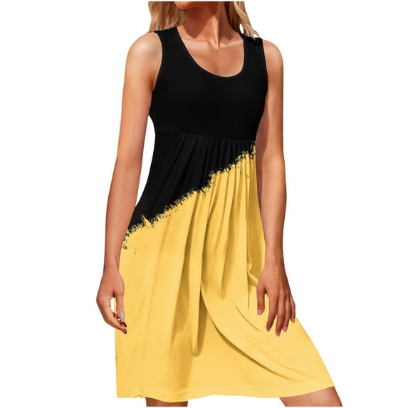 QLEICOM Womens Summer Color Block Print Sleeveless Sundress Casual Loose Swing T-Shirt Dress Tank Dress Yellow B XXL, US Size:12