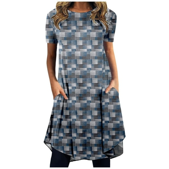 QLEICOM Womens Summer Floral Print Short Sleeve Sundress T-Shirt Dress Casual Loose Dress with Pocket Blue S, US Size:4