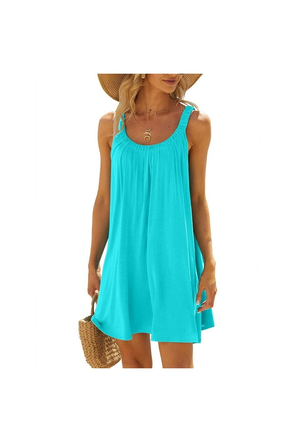 Womens Summer Halter Mini Short Dresses Beach Tshirt Sundress Sleeveless Casual Loose Tank Dress Light Blue M, US Size: 6