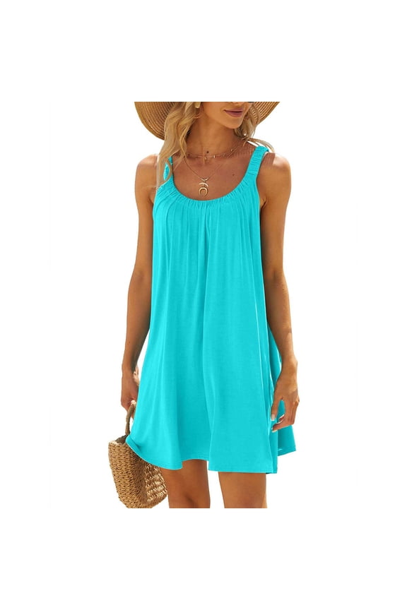 Womens Summer Halter Mini Short Dresses Beach Tshirt Sundress Sleeveless Casual Loose Tank Dress Light Blue S, US Size: 4