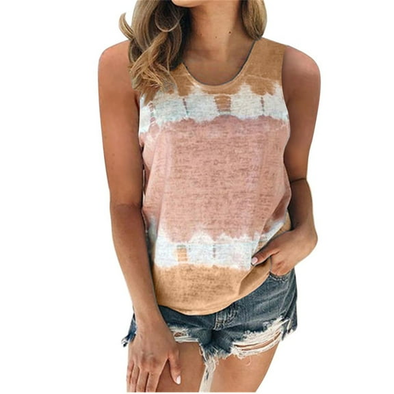 QLEICOM Womens Summer Sleeveless Tank Tops, Crew-Neck Cotton Loose Fit Tunic Side Split Tshirt, Color Block Tie-Dye Casual Tanks Blouse, Vests Tops, Tees & Blouses S-5XL for Girls